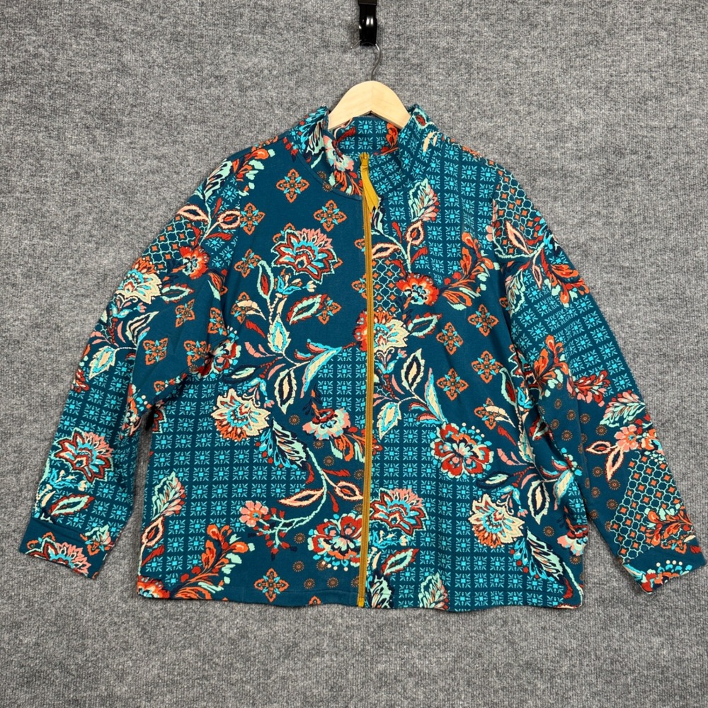 Sport Savvy Plus Size 1X Jacket Blue Cotton Blend Printed Patchwork French Terry